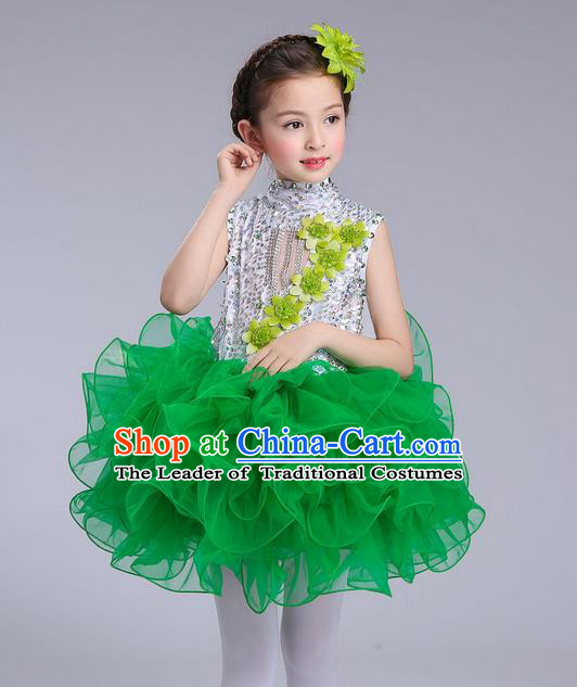 Top Grade Professional Compere Modern Dance Costume, Children Opening Dance Chorus Flowers Uniforms Princess Green Bubble Dress for Girls