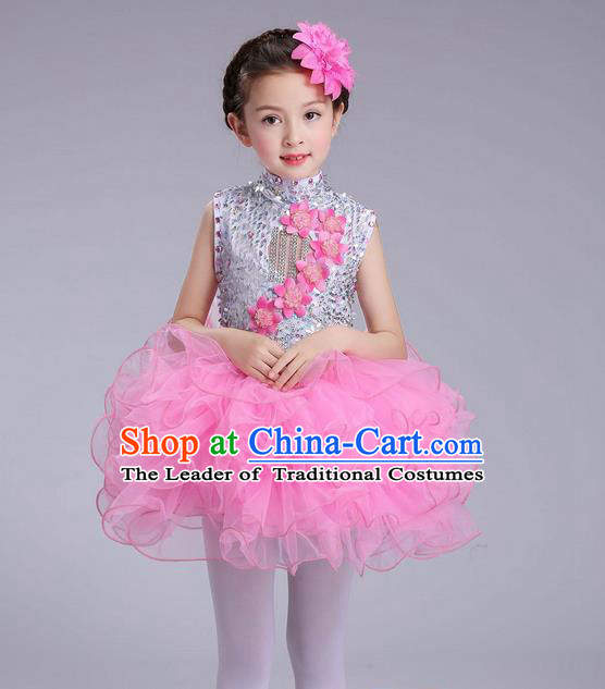 Top Grade Professional Compere Modern Dance Costume, Children Opening Dance Chorus Flowers Uniforms Princess Pink Bubble Dress for Girls