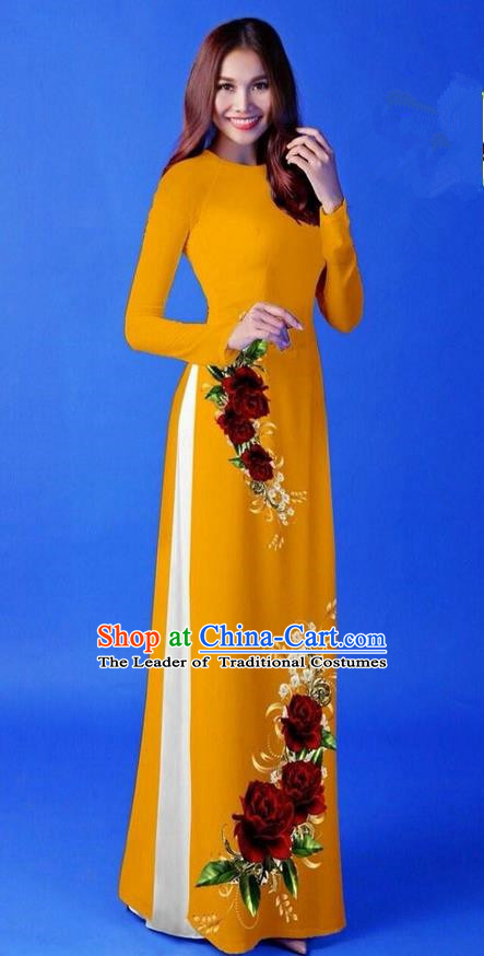 Traditional Top Grade Asian Vietnamese Costumes Classical 3D Printing Ginger Long Cheongsam, Vietnam National Vietnamese Princess Ao Dai Dress for Women