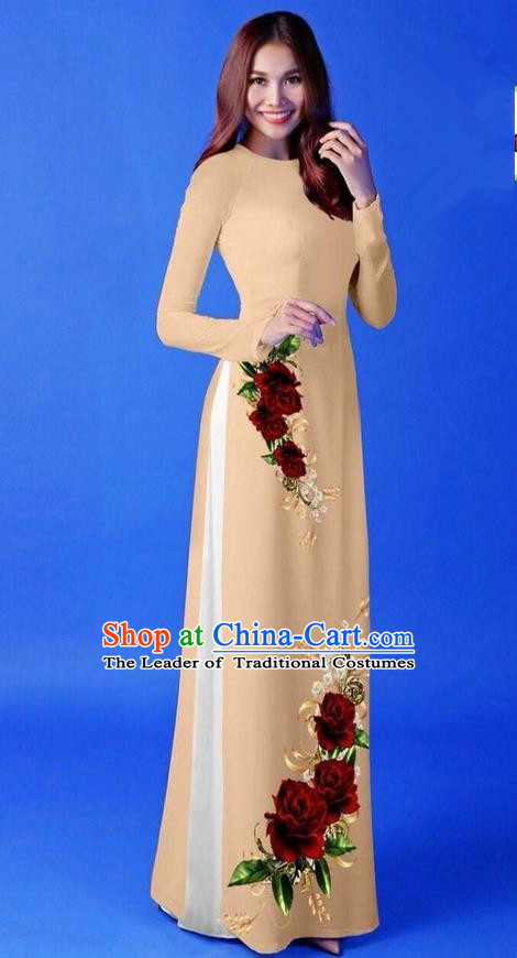 Traditional Top Grade Asian Vietnamese Costumes Classical 3D Printing Khaki Long Cheongsam, Vietnam National Vietnamese Princess Ao Dai Dress for Women