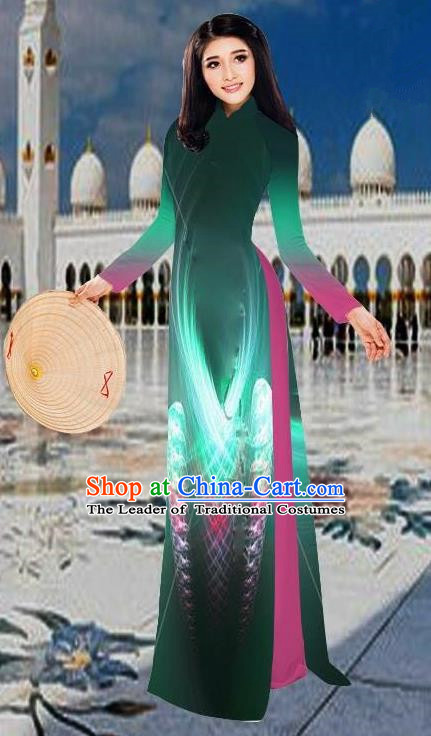 Top Grade Asian Vietnamese Costumes Classical 3D Printing Green Long Cheongsam, Vietnam National Vietnamese Traditional Princess Ao Dai Dress for Women
