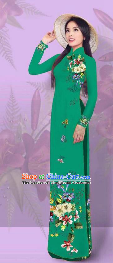 Top Grade Asian Vietnamese Costumes Classical Jing Nationality Printing Green Cheongsam, Vietnam National Vietnamese Traditional Princess Ao Dai Dress for Women