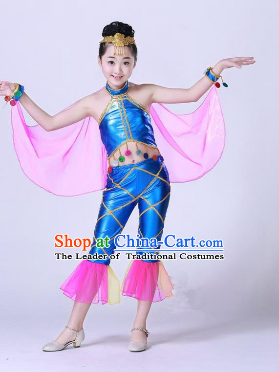 Top Grade Professional Compere Modern Dance Costume, Children Opening Dance Chorus Fish Dance Uniforms Blue Clothing Complete Set for Girls