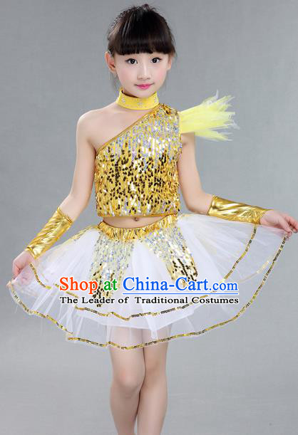 Top Grade Professional Compere Modern Dance Costume, Children Jazz Dance Latin Dance Uniforms Golden Clothing Complete Set for Girls