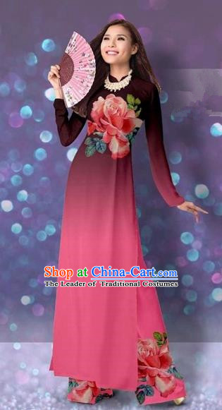 Traditional Top Grade Asian Vietnamese Costumes Classical Printing Cheongsam, Vietnam National Vietnamese Princess Pink Ao Dai Dress Dance Clothing