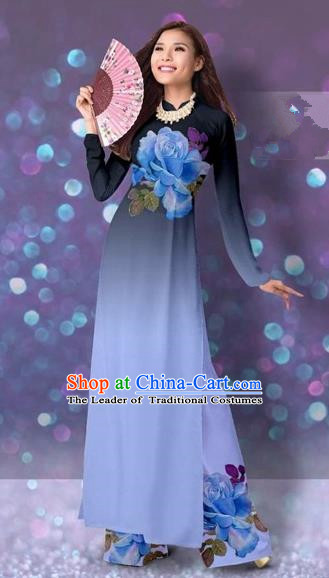 Traditional Top Grade Asian Vietnamese Costumes Classical Printing Cheongsam, Vietnam National Vietnamese Princess Lake Blue Ao Dai Dress Dance Clothing