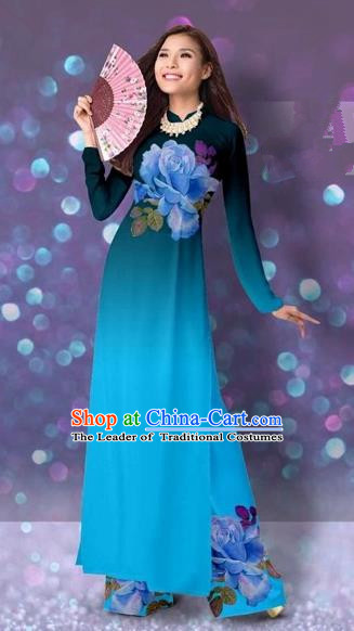 Traditional Top Grade Asian Vietnamese Costumes Classical Printing Cheongsam, Vietnam National Vietnamese Princess Blue Ao Dai Dress Dance Clothing