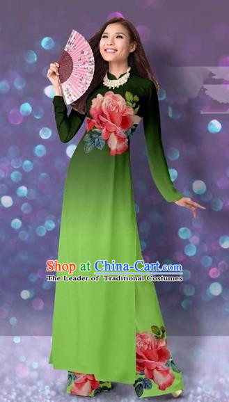 Traditional Top Grade Asian Vietnamese Costumes Classical Printing Cheongsam, Vietnam National Vietnamese Princess Grass Green Ao Dai Dress Dance Clothing