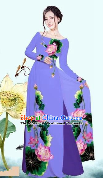 Traditional Top Grade Asian Vietnamese Costumes Classical Printing Lotus Purple Cheongsam, Vietnam National Vietnamese Princess Bride Off Shoulder Ao Dai Dress