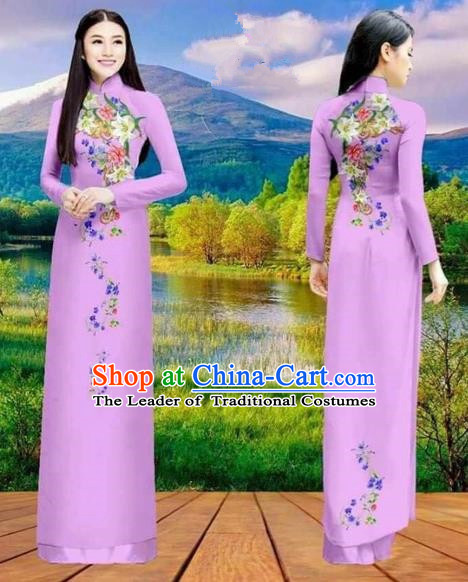 Traditional Top Grade Asian Vietnamese Costumes Classical Double-sided Printing Cheongsam, Vietnam National Vietnamese Princess Bride Purple Ao Dai Dress Dance Clothing