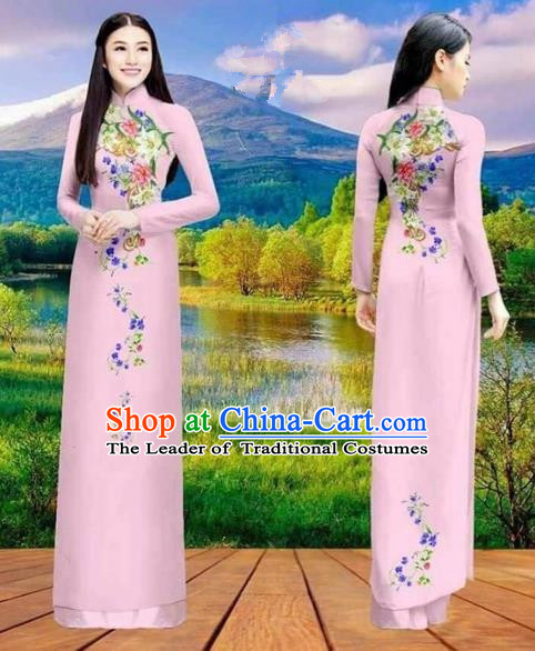 Traditional Top Grade Asian Vietnamese Costumes Classical Double-sided Printing Cheongsam, Vietnam National Vietnamese Princess Bride Pink Ao Dai Dress Dance Clothing