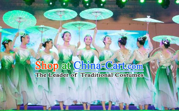 Traditional Chinese Modern Dancing Costume, Women Opening Classic Chorus Singing Group Dance Flowers Costume, Umbrella Dance Green Dress for Women