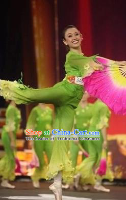 Traditional Chinese Classical Dance Costume, Women Yanko Dance Clothing, Umbrella Fan Dance Green Dress for Women
