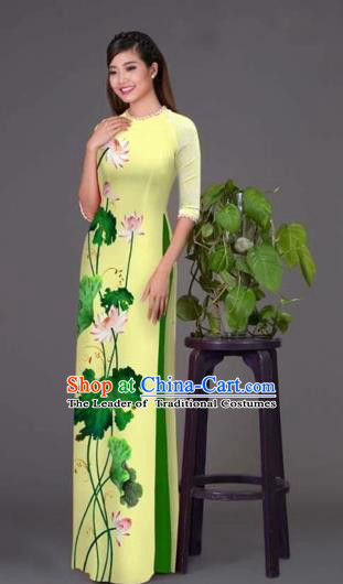 Traditional Top Grade Asian Vietnamese Costumes Classical Printing Lotus Yellow Cheongsam, Vietnam National Vietnamese Princess Bride Korean Silk Ao Dai Dress