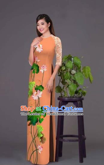 Traditional Top Grade Asian Vietnamese Costumes Classical Printing Lotus Orange Cheongsam, Vietnam National Vietnamese Princess Bride Korean Silk Ao Dai Dress