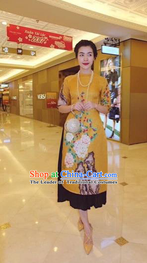 Traditional Top Grade Asian Vietnamese Costumes Classical Printing Cheongsam, Vietnam National Vietnamese Princess Bride Ao Dai Dress