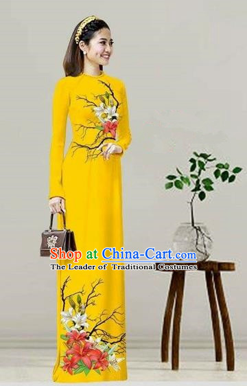 Traditional Top Grade Asian Vietnamese Costumes Classical Printing Yellow Cheongsam, Vietnam National Vietnamese Bride Ao Dai Dress