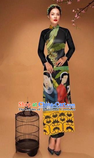 Traditional Top Grade Asian Vietnamese Costumes Classical Printing Cheongsam, Vietnam National Vietnamese Bride Black Ao Dai Dress Tang Suit Clothing