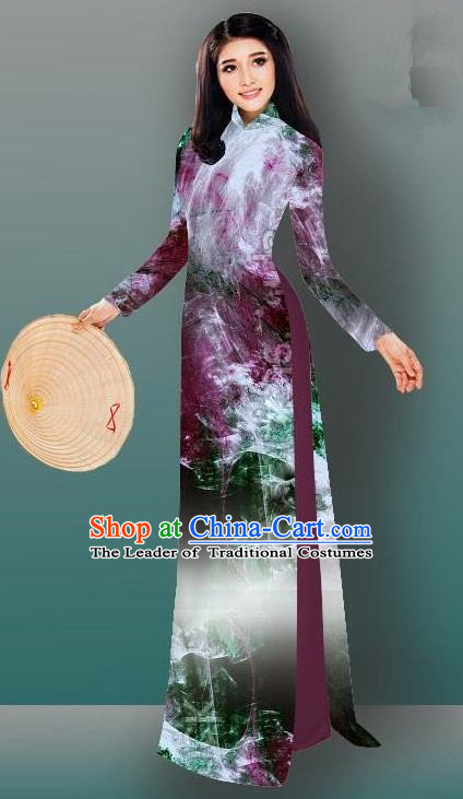 Top Grade Asian Vietnamese Costumes Classical Jing Nationality Gradient Watercolor Printing Wine Red Cheongsam, Vietnam National Vietnamese Traditional Princess Ao Dai Dress