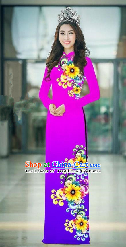 Top Grade Asian Vietnamese Costumes Classical Jing Nationality Printing Handmade Gradient Purple Cheongsam, Vietnam National Vietnamese Traditional Princess Ao Dai Dress