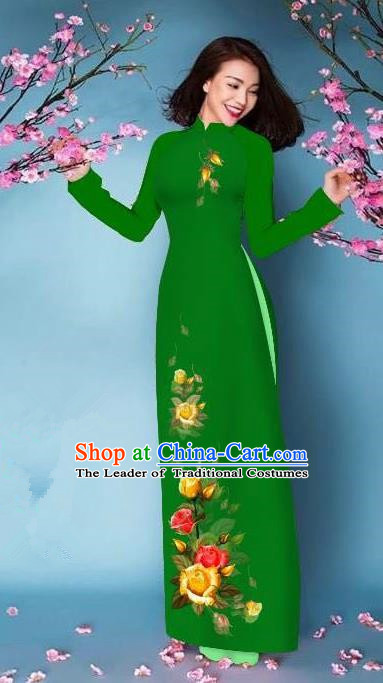 Top Grade Asian Vietnamese Costumes Classical Jing Nationality Printing Handmade Green Cheongsam, Vietnam National Vietnamese Bride Traditional Princess Ao Dai Dress
