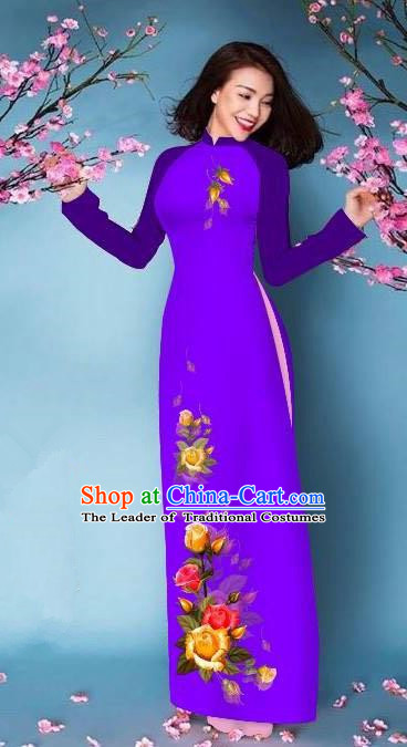 Top Grade Asian Vietnamese Costumes Classical Jing Nationality Printing Handmade Purple Cheongsam, Vietnam National Vietnamese Bride Traditional Princess Ao Dai Dress