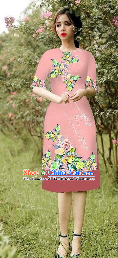 Top Grade Asian Vietnamese Costumes Classical Jing Nationality Short Cheongsam, Vietnam National Vietnamese Bride Traditional Princess Pink Ao Dai Dress