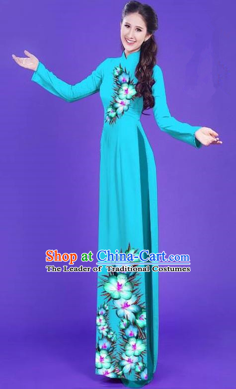 Top Grade Asian Vietnamese Costumes Classical Jing Nationality Long Printing Flowers Cheongsam, Vietnam National Vietnamese Bride Traditional Princess Sky Blue Ao Dai Dress