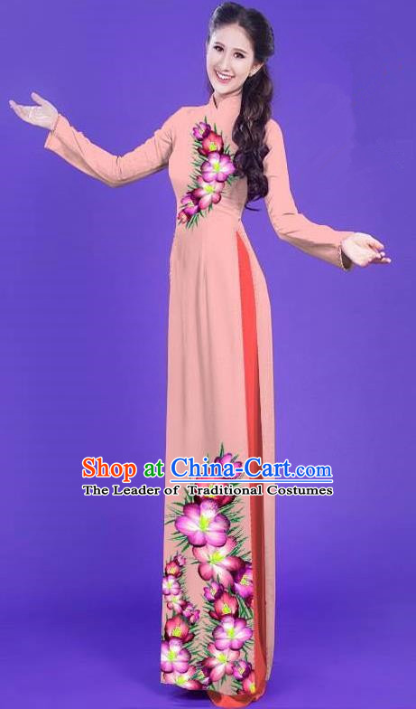 Top Grade Asian Vietnamese Costumes Classical Jing Nationality Long Printing Flowers Cheongsam, Vietnam National Vietnamese Bride Traditional Princess Pink Ao Dai Dress