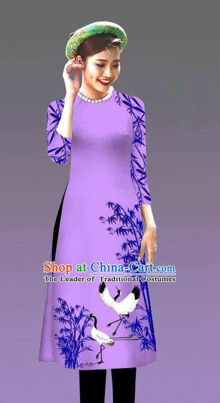 Top Grade Asian Vietnamese Costumes Classical Jing Nationality Crane Pattern Short Cheongsam, Vietnam National Clothing Bride Traditional Lilac Ao Dai Dress