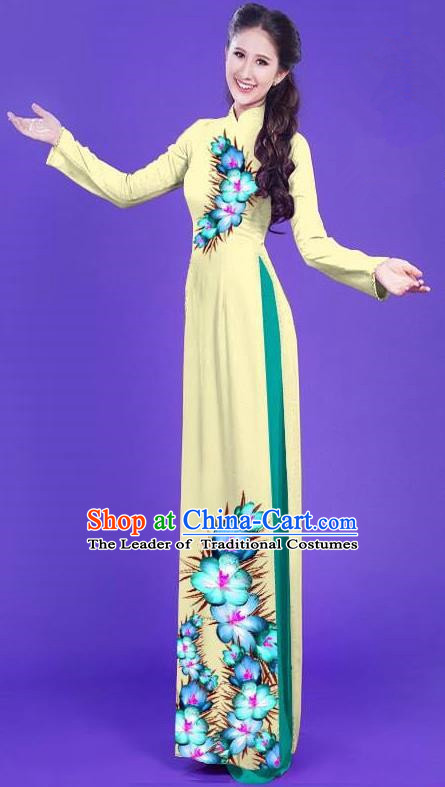 Top Grade Asian Vietnamese Costumes Classical Jing Nationality Long Printing Flowers Cheongsam, Vietnam National Vietnamese Bride Traditional Princess Light Yellow Ao Dai Dress
