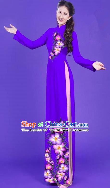 Top Grade Asian Vietnamese Costumes Classical Jing Nationality Long Printing Flowers Cheongsam, Vietnam National Vietnamese Bride Traditional Princess Deep Purple Ao Dai Dress