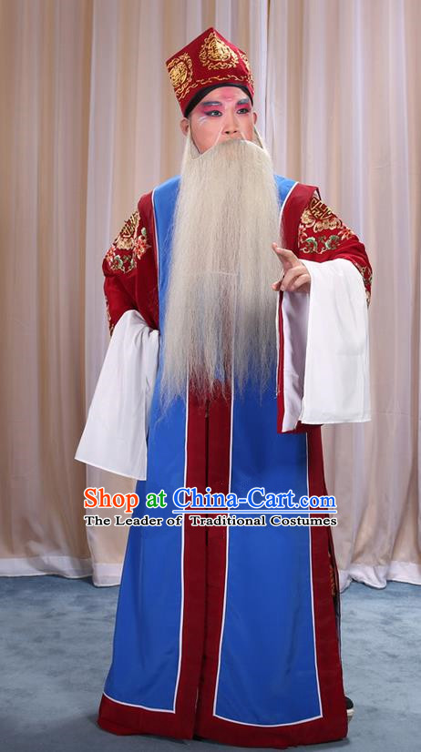 Traditional Chinese Beijing Opera Old Male Blue Long Vest and Clothing Complete Set, China Peking Opera Laosheng-role Costume Embroidered Clothing Opera Costumes