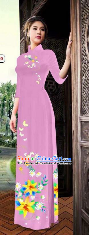 Top Grade Asian Vietnamese Clothing Classical Jing Nationality Long Cheongsam, Vietnam National Bride Traditional Printing Flowers Pink Ao Dai Dress for Women
