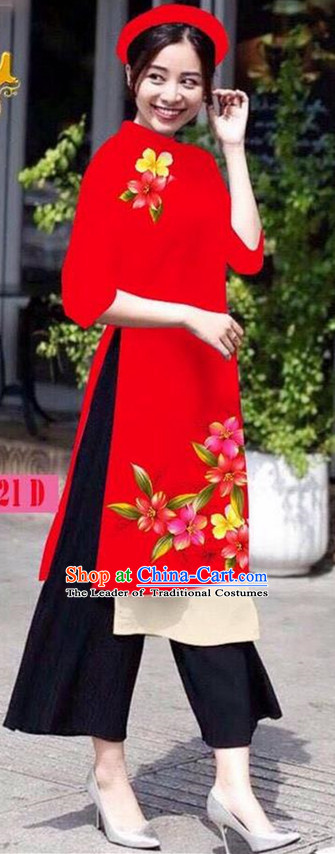 Traditional Top Grade Asian Vietnamese Jing Nationality Ha Festival Ao Dai Dress, Vietnam National Bride Printing Red Short Cheongsam Costumes for Women