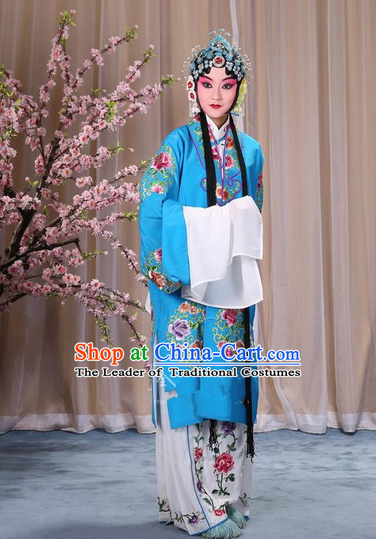 Traditional Chinese Beijing Opera Shaoxing Opera Young Female Blue Clothing and Headwear Shoes Complete Set, China Peking Opera Diva Role Hua Tan Costume Embroidered Opera Bride Costumes
