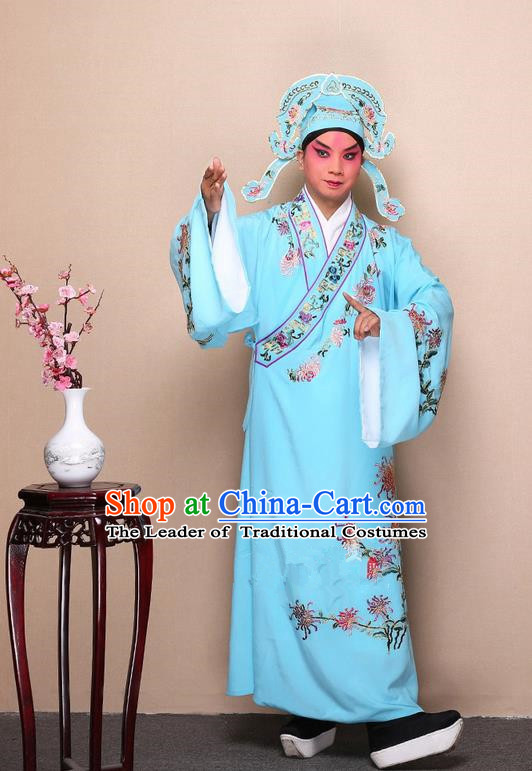 Traditional Chinese Beijing Opera Niche Light Blue Dress Clothing Complete Set, China Peking Opera Young Man Costume Embroidered Chrysanthemum Robe Opera Costumes
