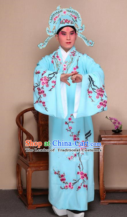 Traditional Chinese Beijing Opera Niche Blue Dress Clothing Complete Set, China Peking Opera Young Man Costume Embroidered Plum Blossom Robe Opera Costumes