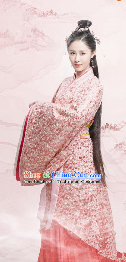 Traditional Chinese Ancient Warring States Time Imperial Princess Costume, Song of Phoenix Chu State Palace Lady Hanfu Embroidered Clothing and Handmade Headpiece Complete Set