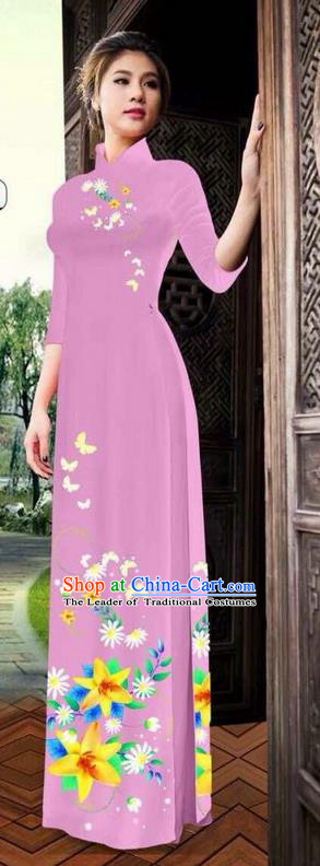 Traditional Top Grade Asian Vietnamese Ha Festival Printing Ao Dai Dress, Vietnam National Jing Nationality Long Pink Cheongsam Costumes for Women