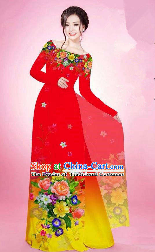 Traditional Top Grade Asian Vietnamese Ha Festival Printing Flowers Red Ao Dai Dress, Vietnam National Jing Nationality Off Shoulder Cheongsam Costumes for Women