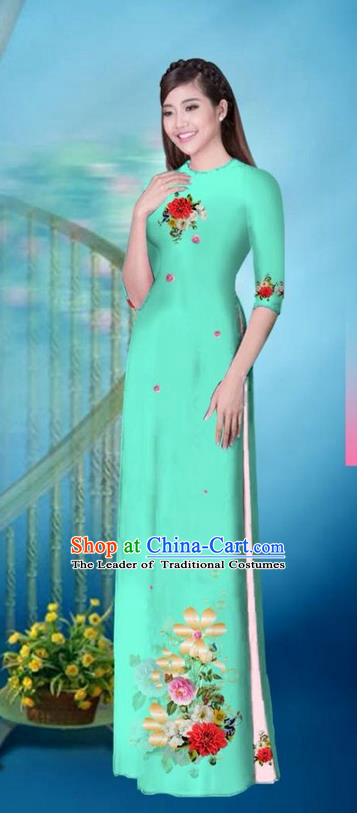 Traditional Top Grade Asian Vietnamese Ha Festival Printing Model Ao Dai Dress, Vietnam National Jing Nationality Princess Light Blue Cheongsam Costumes for Women