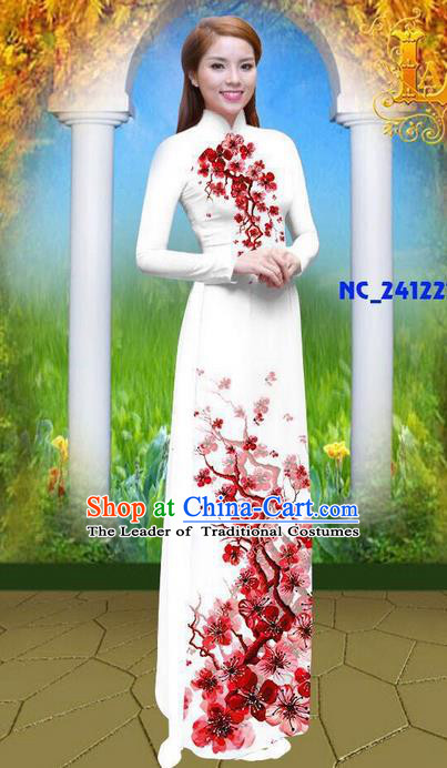 Traditional Top Grade Asian Vietnamese Ha Festival 3D Printing Azalea Bride Ao Dai Dress, Vietnam National Jing Nationality Princess Cheongsam Costumes for Women