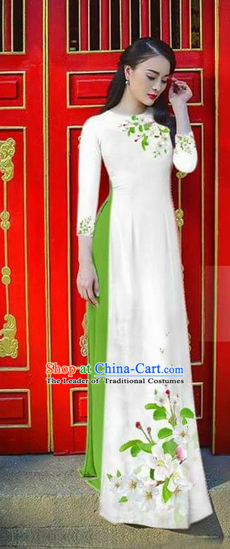 Traditional Top Grade Asian Vietnamese Ha Festival Bride Printing Ao Dai Dress, Vietnam Women National Jing Nationality Princess White Cheongsam Costumes