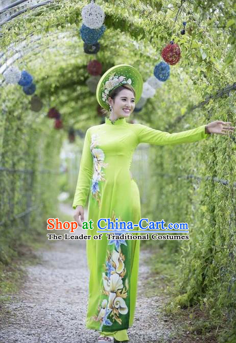Traditional Top Grade Asian Vietnamese Ha Festival Printing Ao Dai Dress, Vietnam Women National Jing Nationality Princess Green Cheongsam Bride Costumes