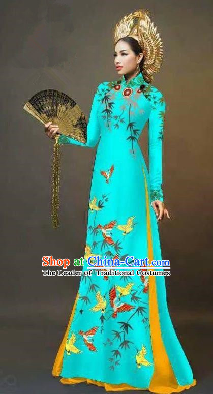Traditional Top Grade Asian Vietnamese Ha Festival Printing Cranes Ao Dai Dress, Vietnam Women National Jing Nationality Queen Blue Cheongsam Bride Costumes