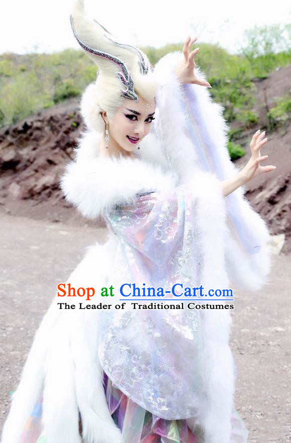 Traditional Chinese Shang Dynasty Sue da ji Enchantress Costumes and Headpiece Complete Set, The Legend of Funsbau Ancient Imperial Consort Dress Clothing