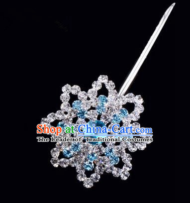 Chinese Ancient Peking Opera Pink Flowers Hair Accessories Headwear, Traditional Chinese Beijing Opera Head Ornaments Hua Tan Colorful Blue Octagon Crystal Bulb Hairpins