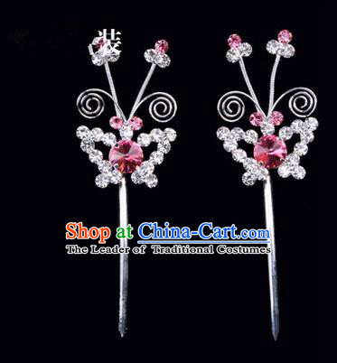 Chinese Ancient Peking Opera Pink Flowers Hair Accessories Headwear, Traditional Chinese Beijing Opera Head Ornaments Hua Tan Pink Butterfly Crystal Hairpins