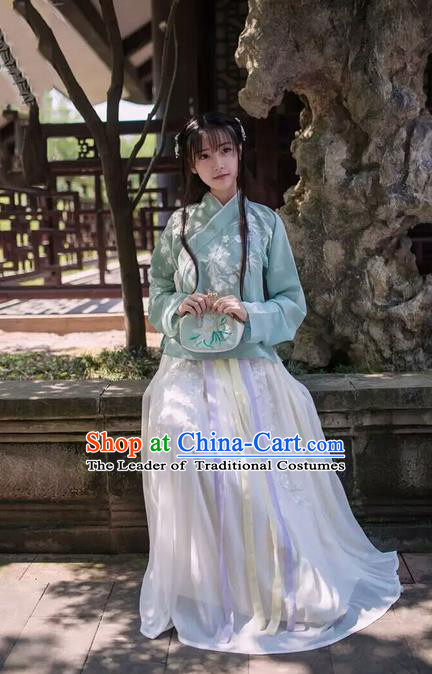 Traditional Chinese Ancient Ming Dynasty Female Costumes, China Hanfu Embroidered Slant Opening Blouse and Ru Skirt Complete Set for Women